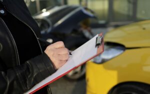 Person holding a clipboard taking notes at the scene of a car accident, with damaged vehicles in the background, illustrating the importance of police reports for car accident injury claims in Arizona.