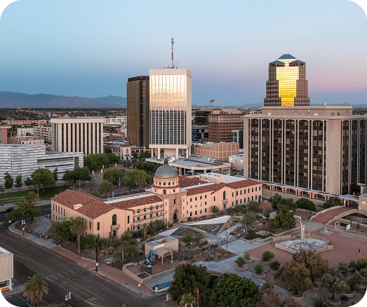 Tucson, Arizona skyline at dusk, representing Grabb & Durando law firm's local presence.