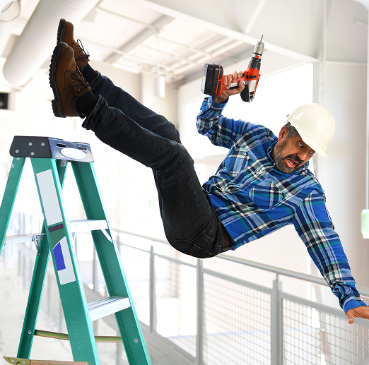 Man falling from ladder with power drill, illustrating slip and fall injuries in Tucson, Arizona.