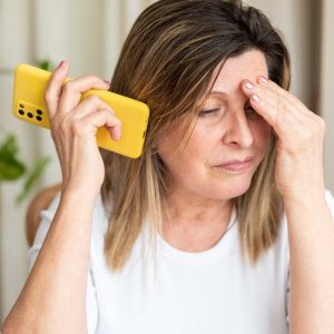 Mature female showing stress, touching forehead while listening intently to smartphone, displaying visible anxiety and emotional strain
